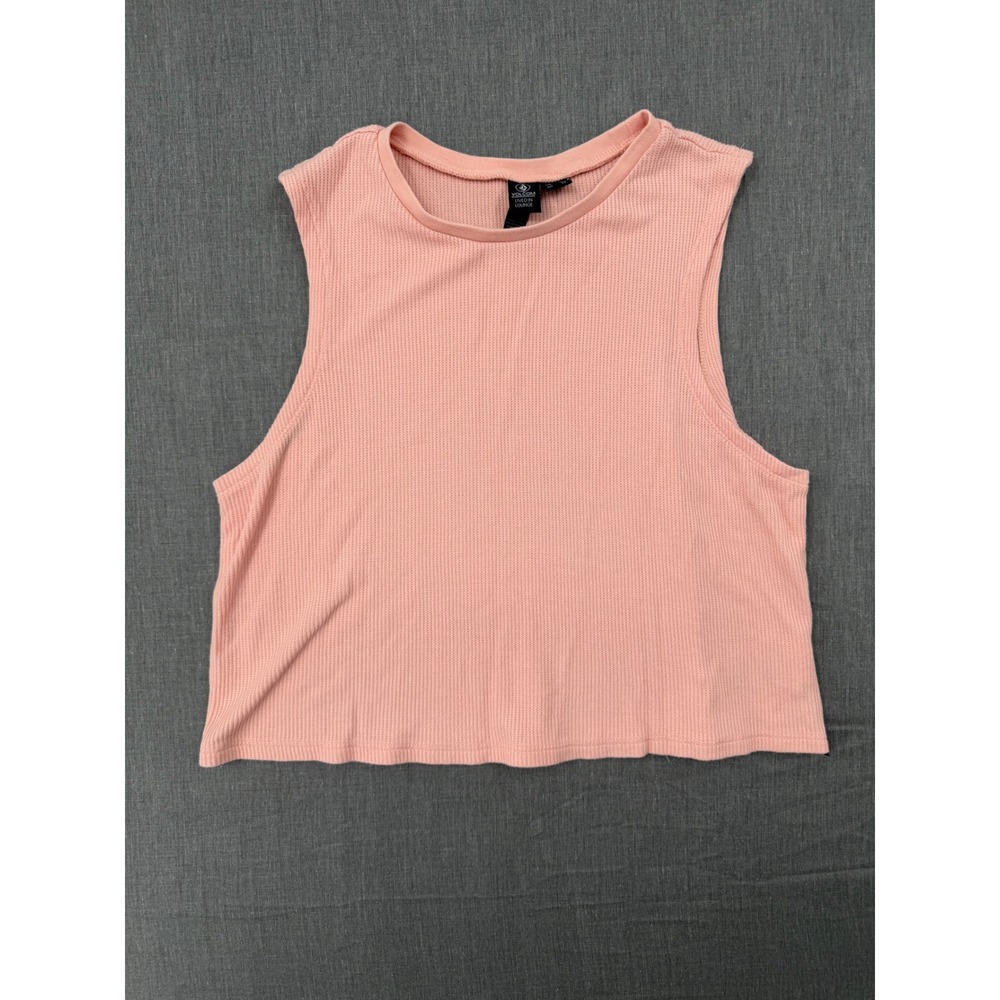 Volcom Lived In Lounge Pink Waffle Knit Sleeveless Crop Tank Top Womens Size M